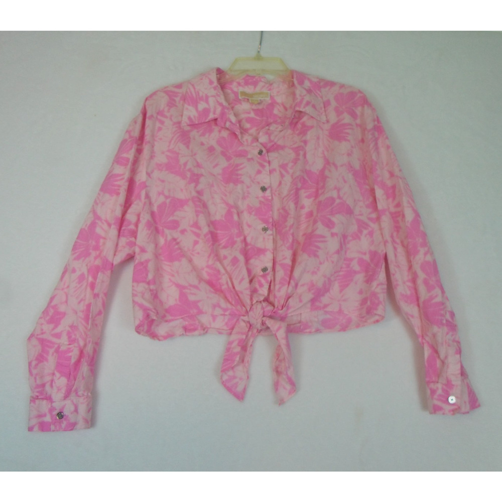 Michael Kors XL Cropped Shirt Top Women Tie Dye Floral Print Pink Barbie